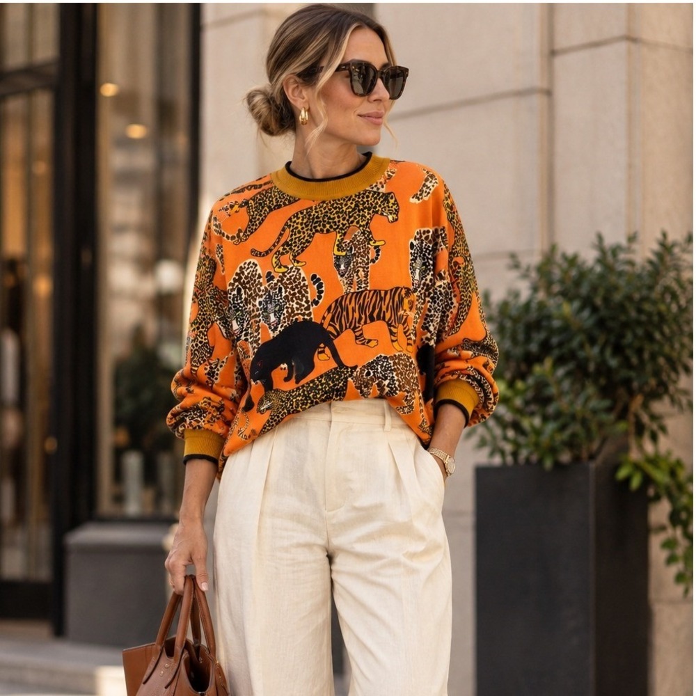 Conditions Apply Womens Animal Print 100% Viscose Blouse Orange Leopard Tiger XL